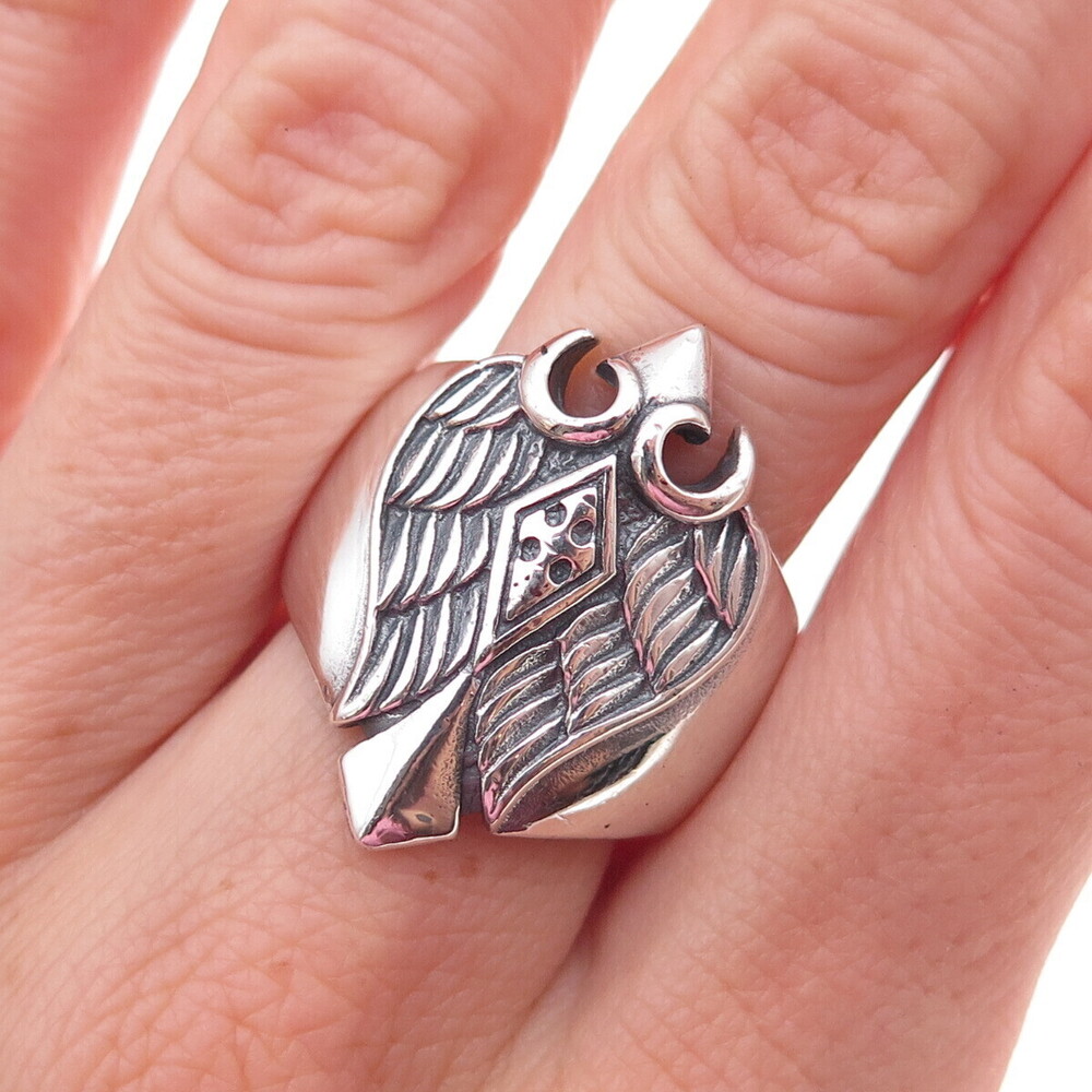 925 Sterling Silver Vintage Angel Wings Cross Oxidized Ring Size 8.75